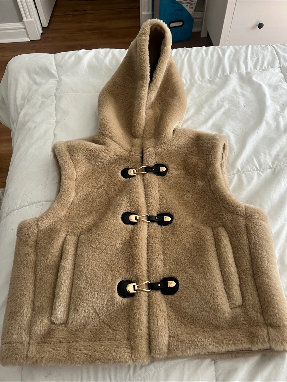 Zara Camel Faux Shearling Hooded Vest with Toggle Details